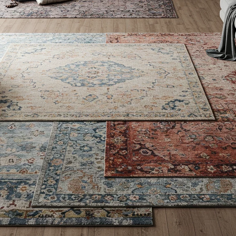 multiple area rugs overlaying eachother to create a unique space in a room overlaying hardwood flooring